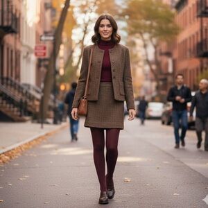 Elegant Brown Tweed Blazer and Skirt Set